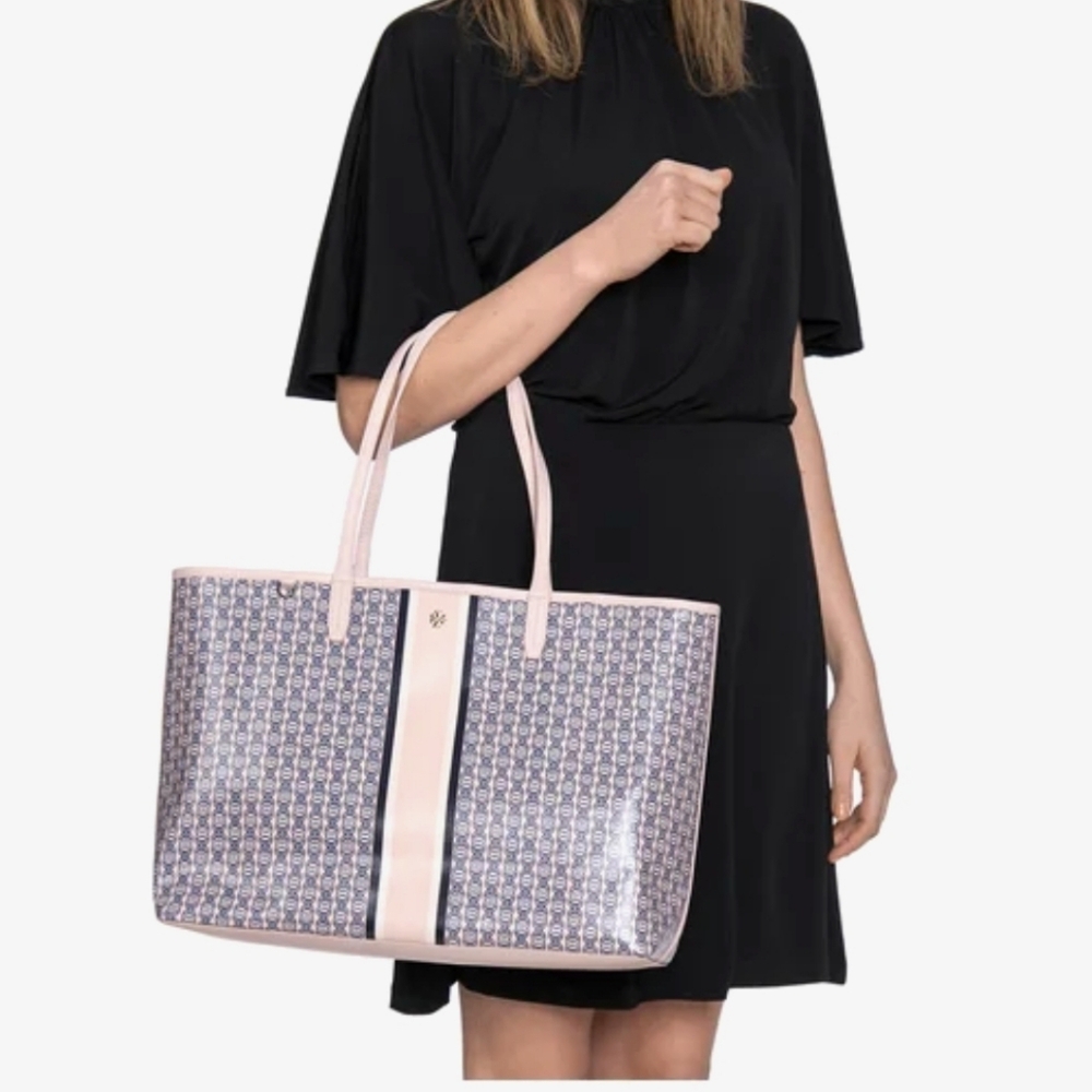 Tory Burch Pink Monogram Tote with Navy Stripe